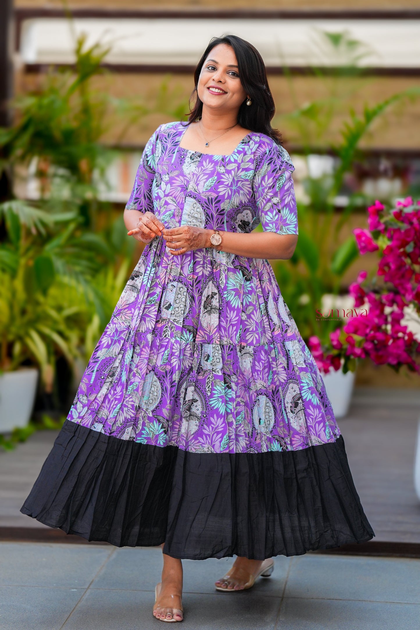Maxi  peacock Casual Dress With Lining