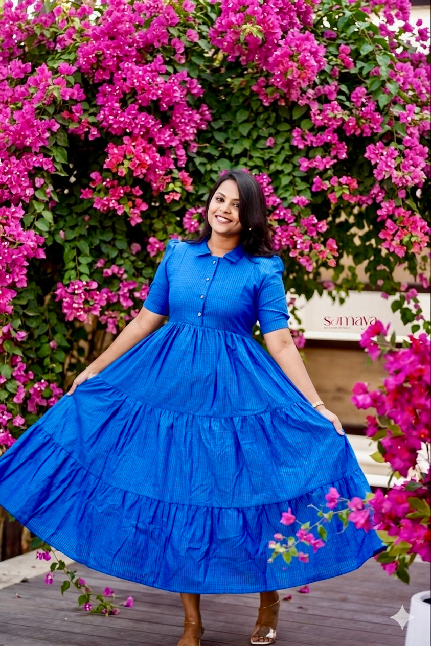 Deepika -blue maxi cotton  Dress With Lining(Ultimate Layered Flare Dress)