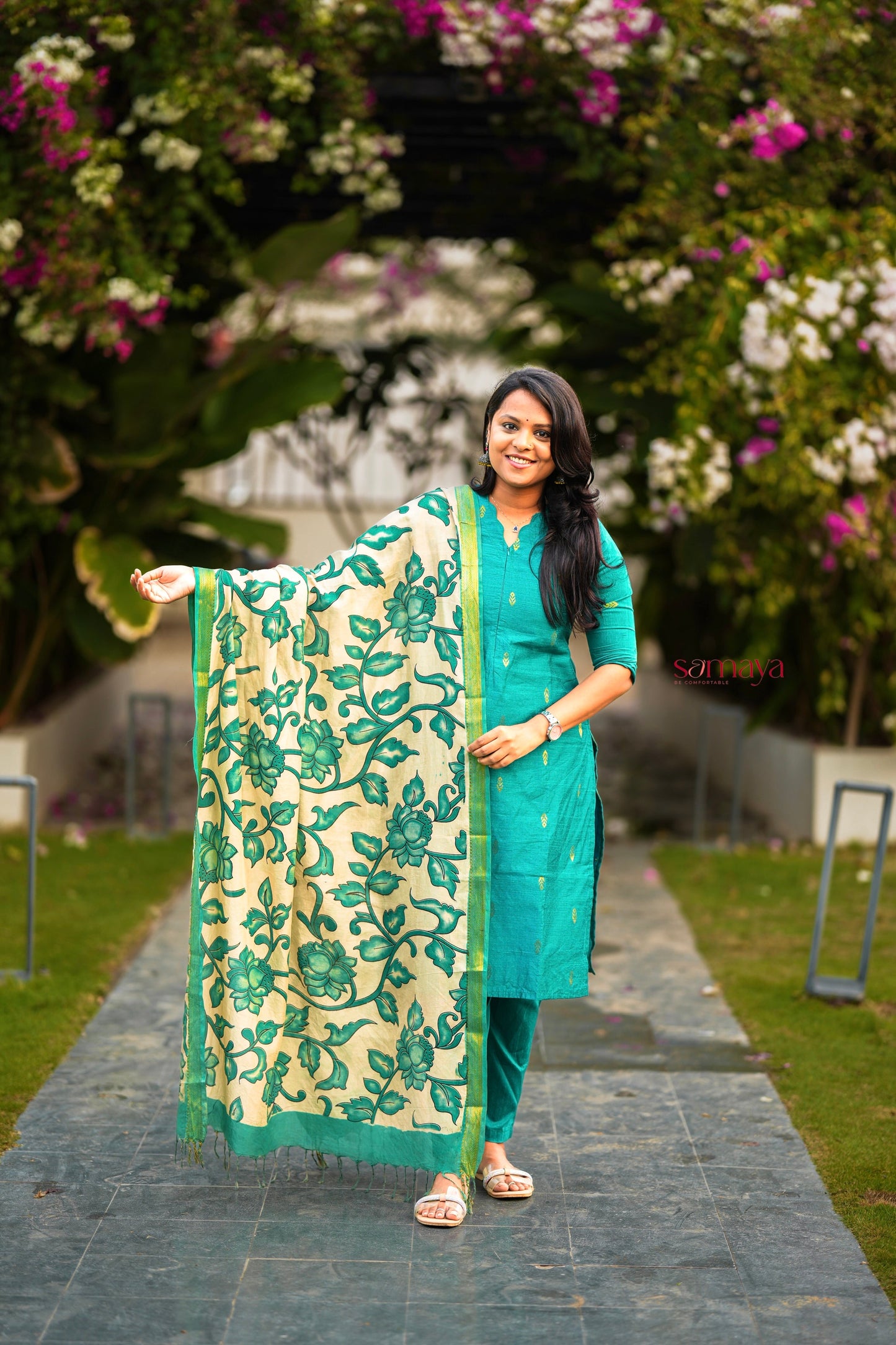 Vaishnavi 3 piece raw silk suit set wth hand painted kalamkari dupptta(ready to dispatch )