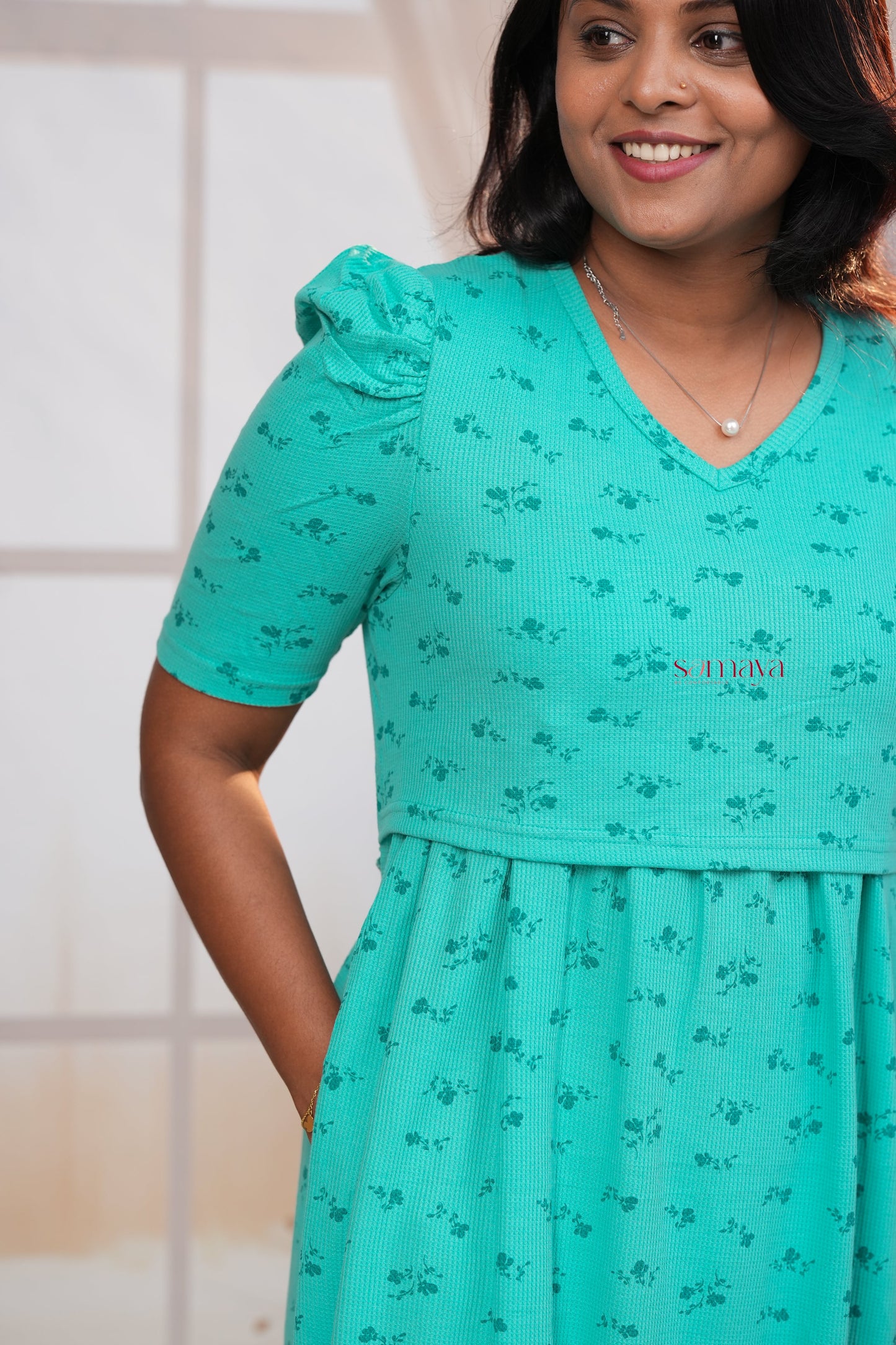 Calf Length Green Waffle Light Weight Dress