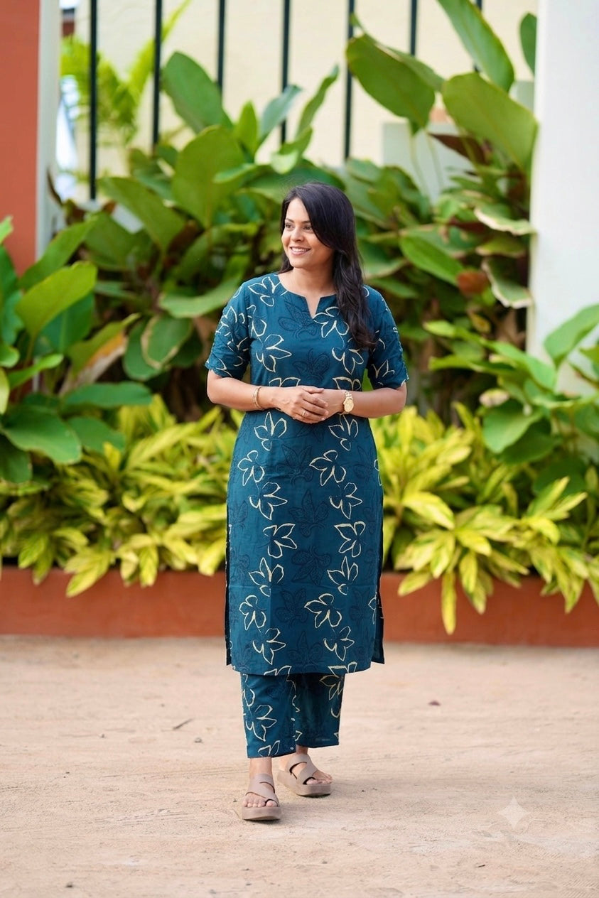 Nila -Peacock Cotton 2 piece Set with lining