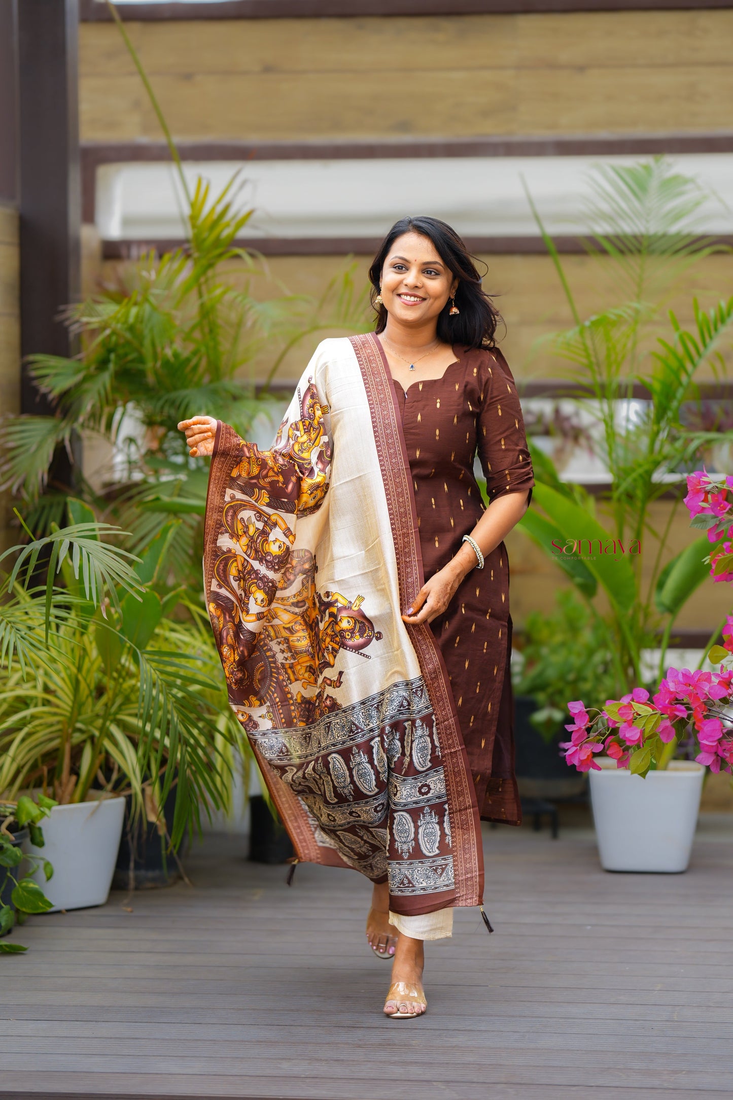 Chocolate - 3 piece salwar suit set with printed kalamkari dupatta