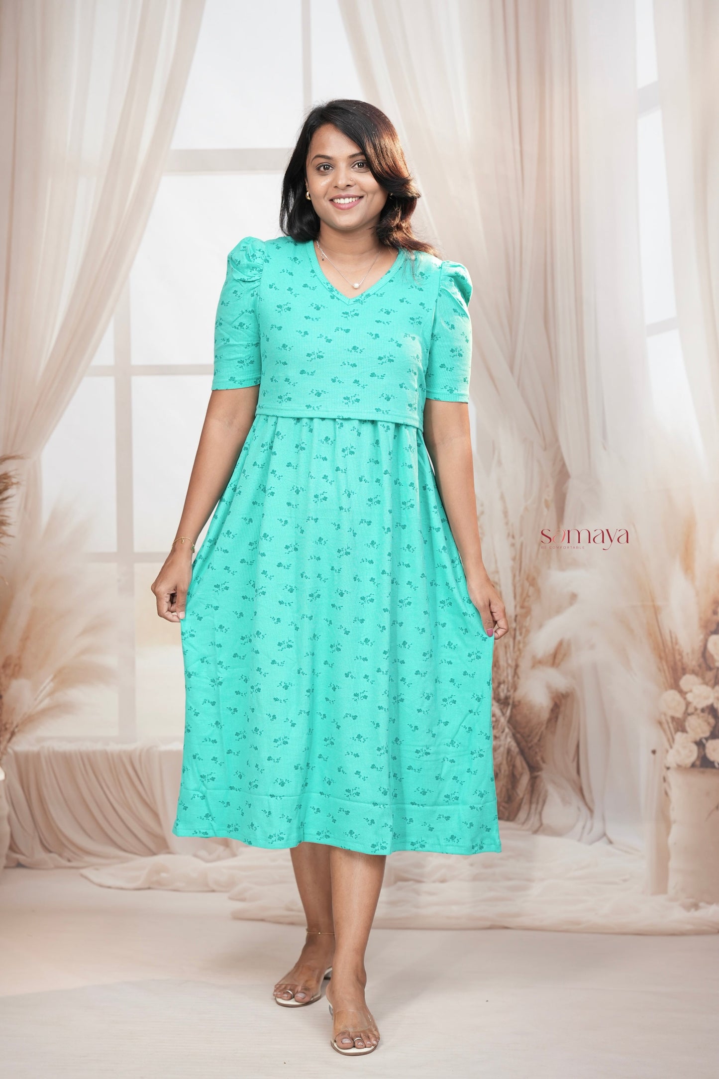 Calf Length Green Waffle Light Weight Dress