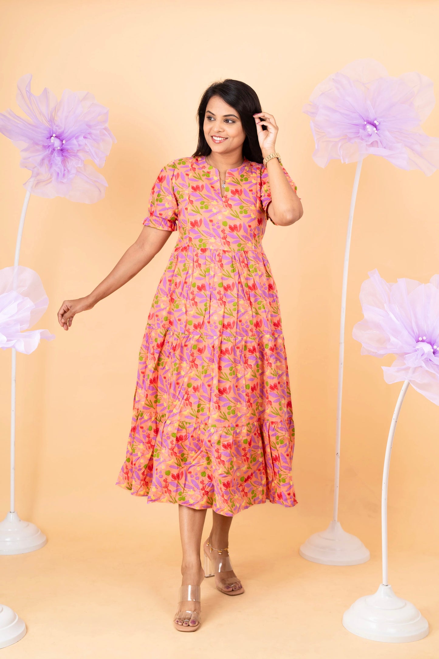 Peach casual  Dress With Lining Non-Maternity & Feeding-Friendly Dress