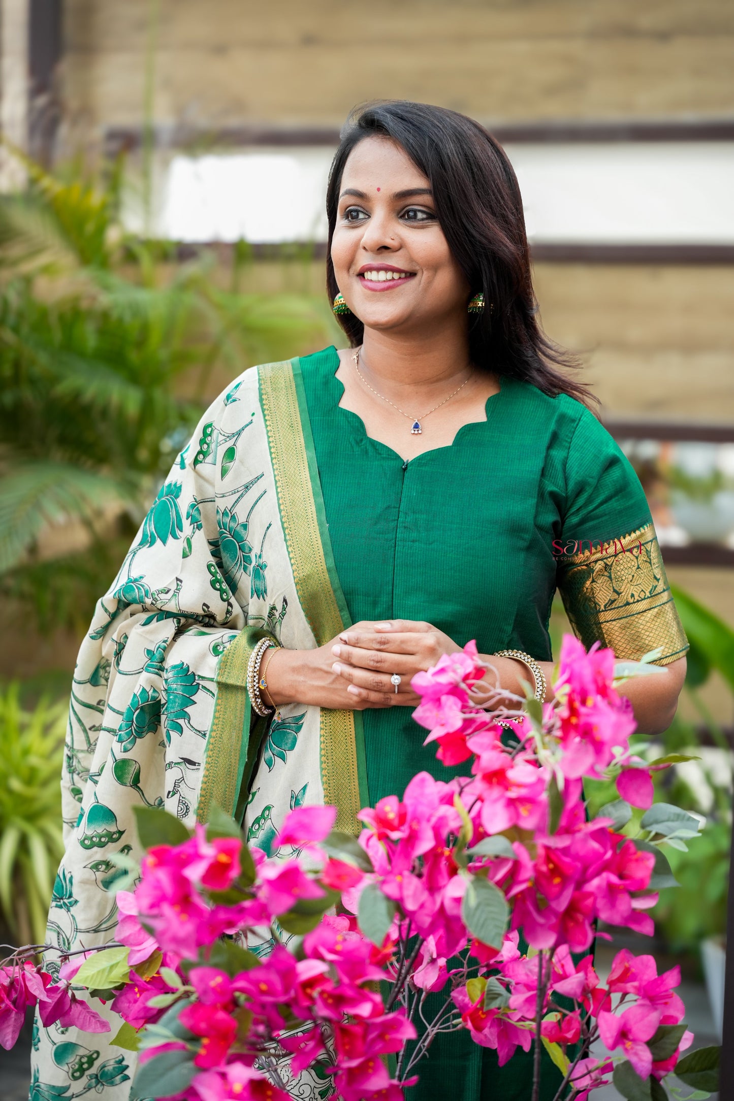 Mangalgiri Green Narayanapet silk top with kalamkari hand painted duppatta set of 2 ( ready to dispatch)