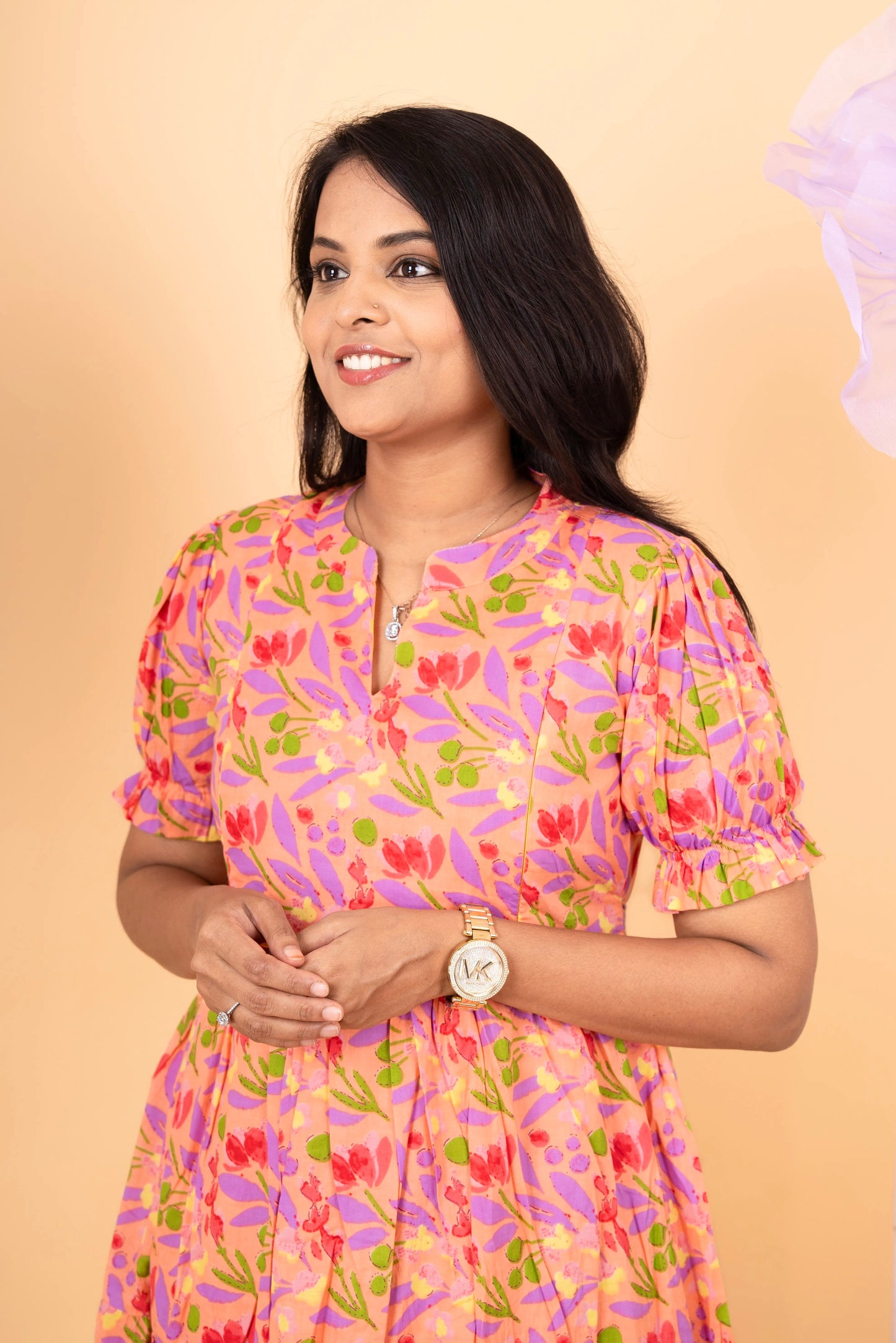 Peach casual  Dress With Lining Non-Maternity & Feeding-Friendly Dress