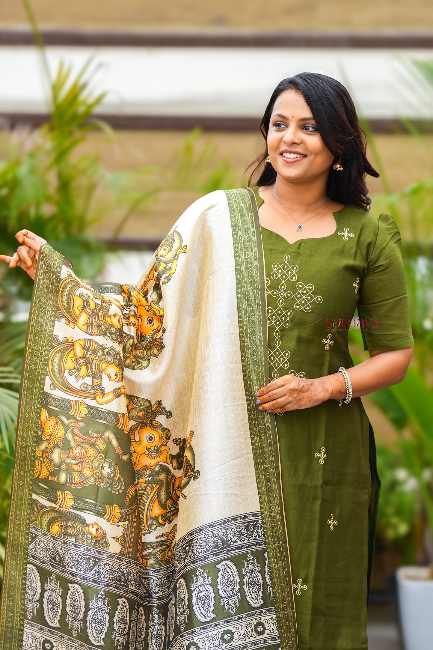 Saanvi-green kollam  3 piece salwar suit set with printed kalamkari dupptta ( pre order dispatch 20 August)