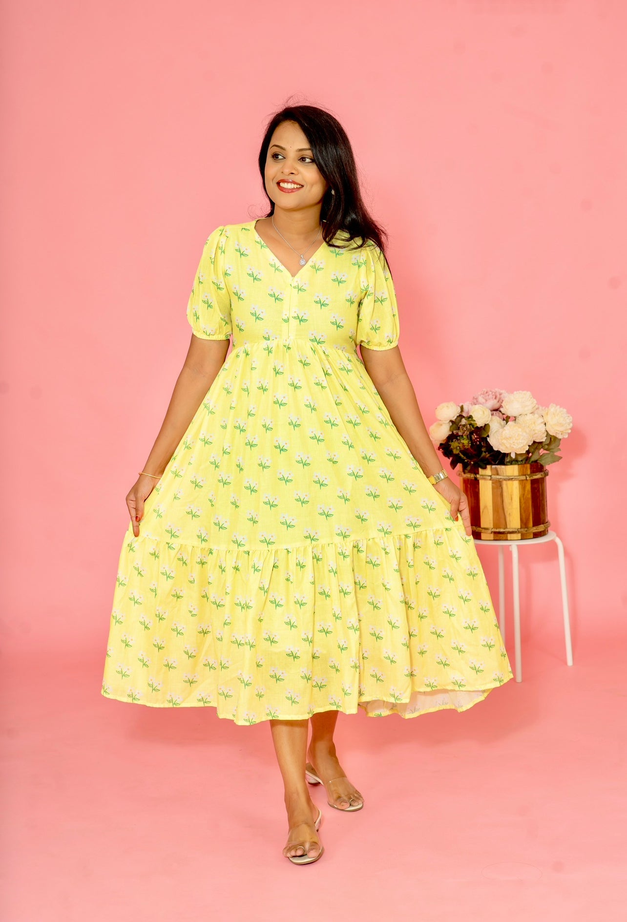 Lemon Yellow Casual  Dress With Lining ( No-Iron Everyday Dress)