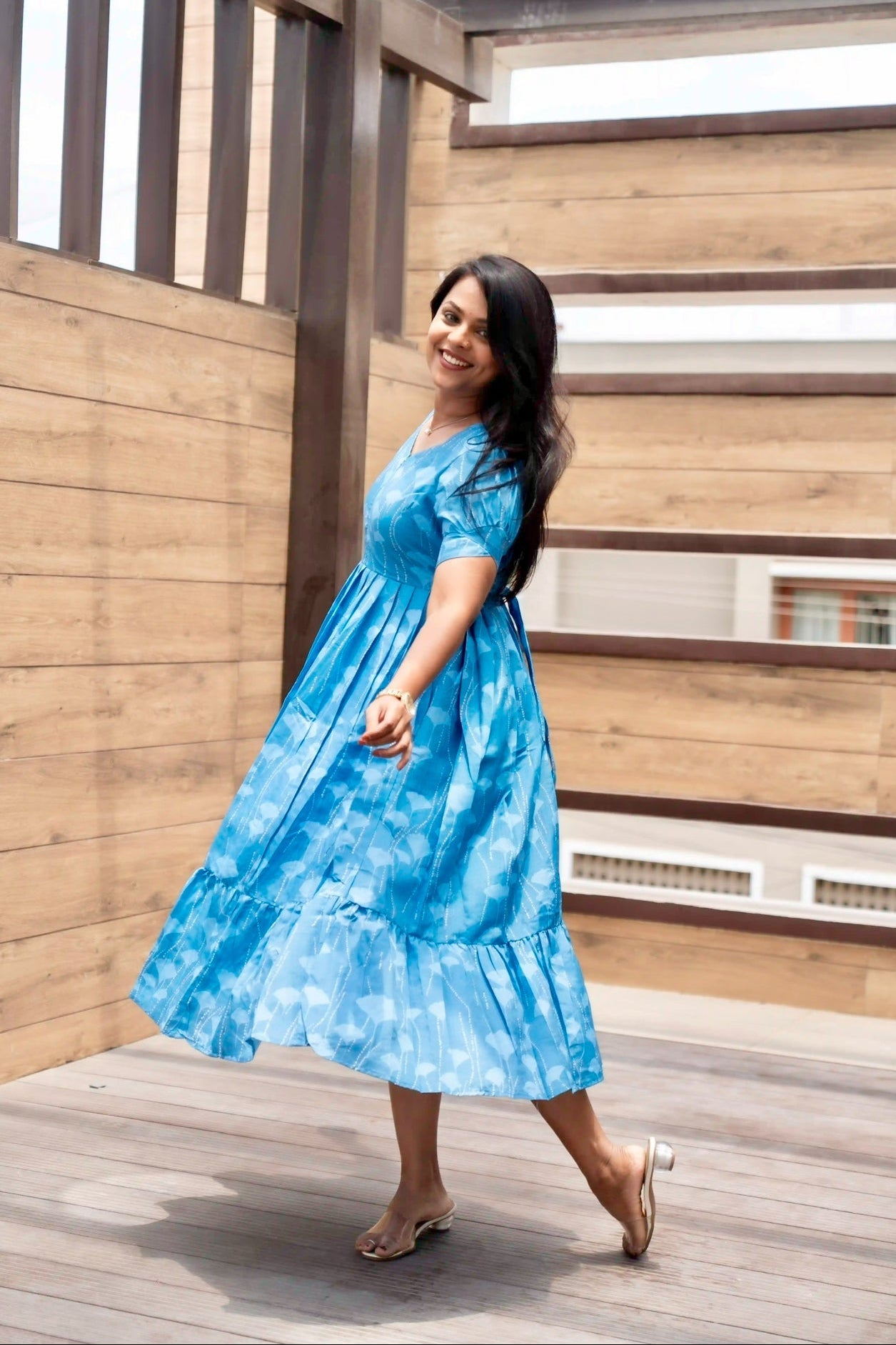Skyblue Dot Casual Dress With Lining