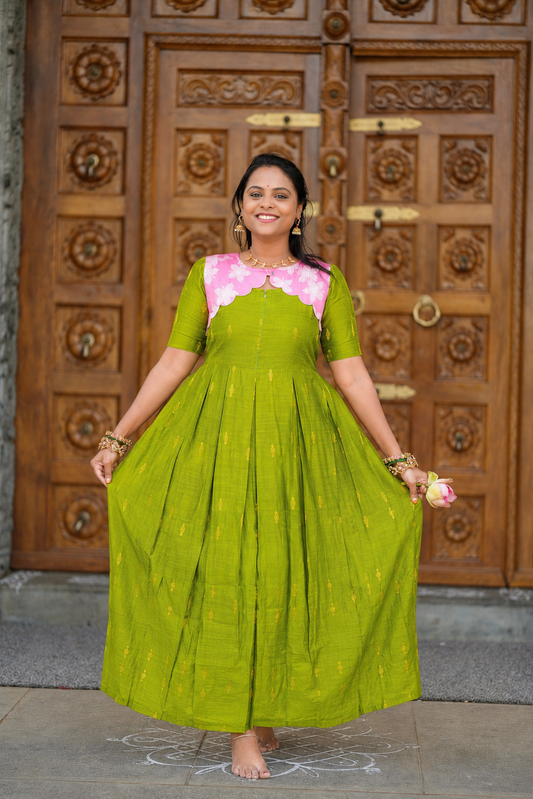 Geethanjali raw silk maxi Dress With chanderi scallop ( ready to dispatch)