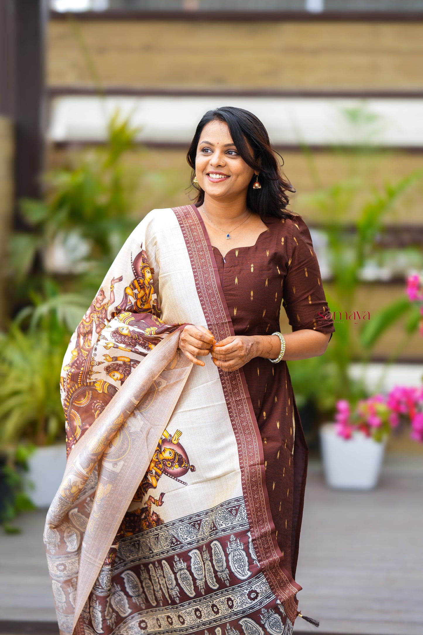 Chocolate - 3 piece salwar suit set with printed kalamkari dupatta