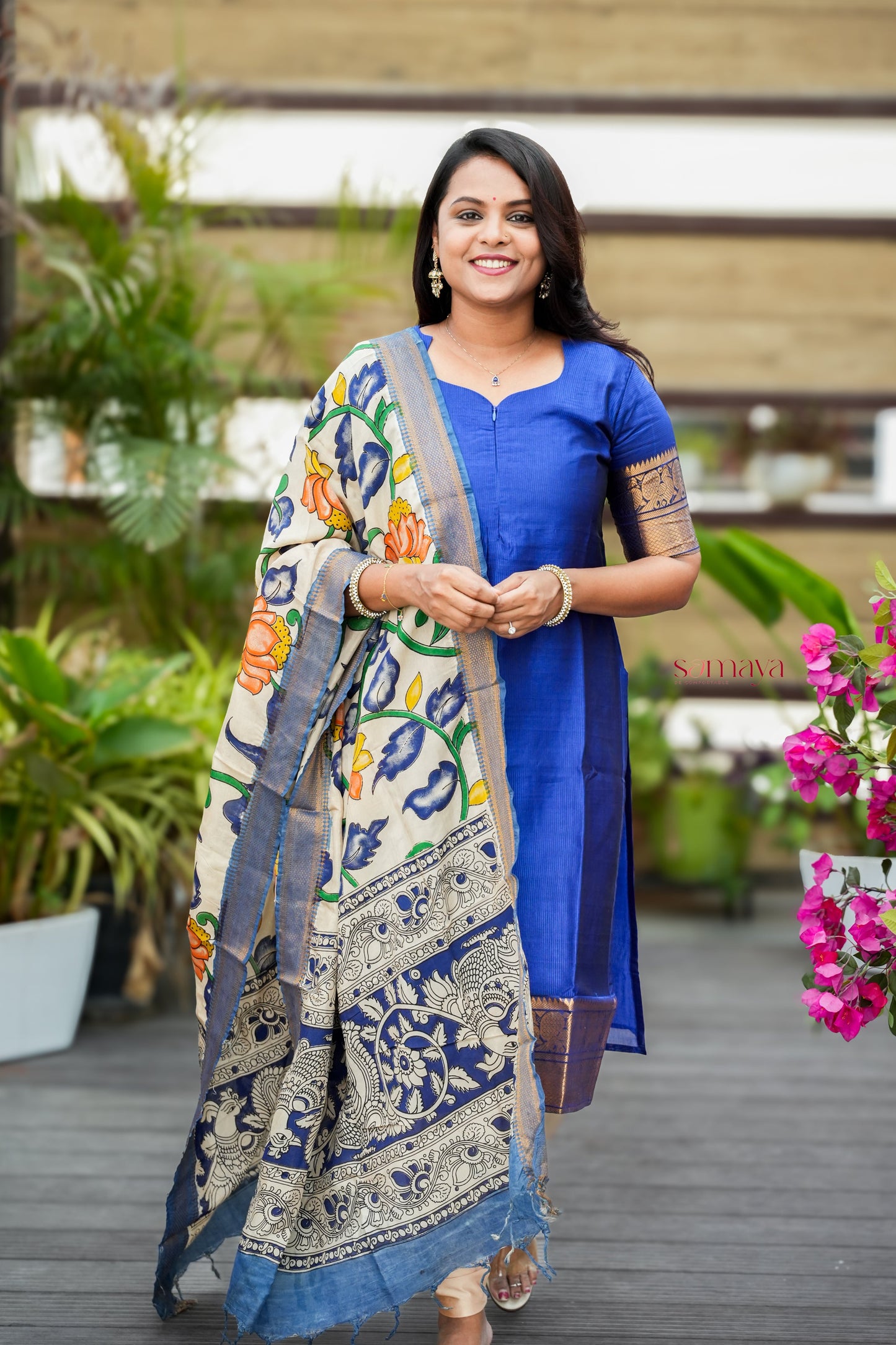 Radhae Mangalgiri Blue Narayanapet silk top with kalamkari hand painted dupptta set of 2 ( ready to dispatch)