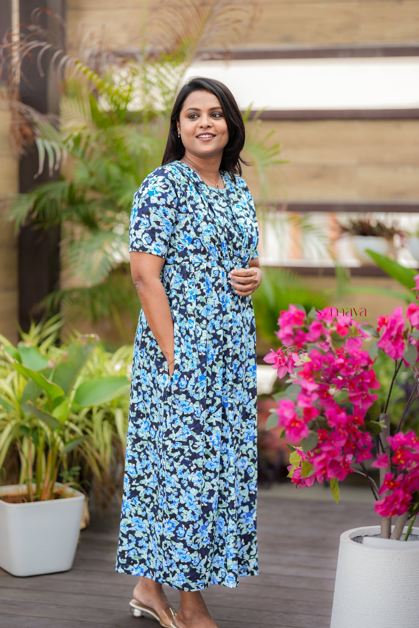 Maxi Blue Light Weight Dress with attached dupptta drape