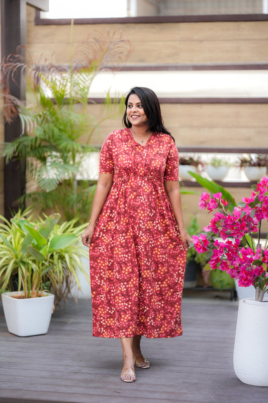Maxi Rust Orange Light Weight Dress with attached dupptta drape