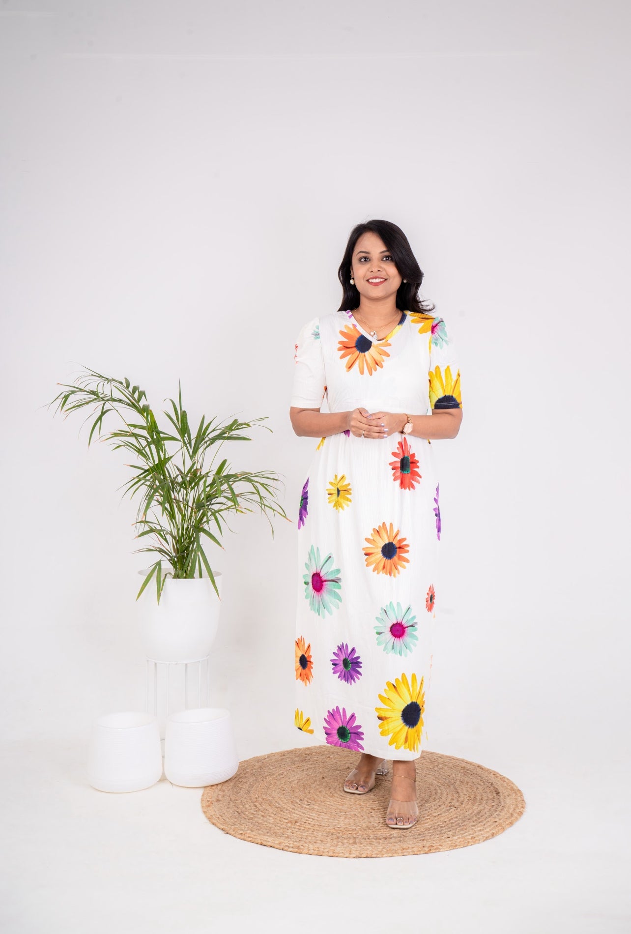 Maxi White Sunflower Ribbed Dress ( samaya exclusive premium fabric )( Minor embroidery,stain variation )