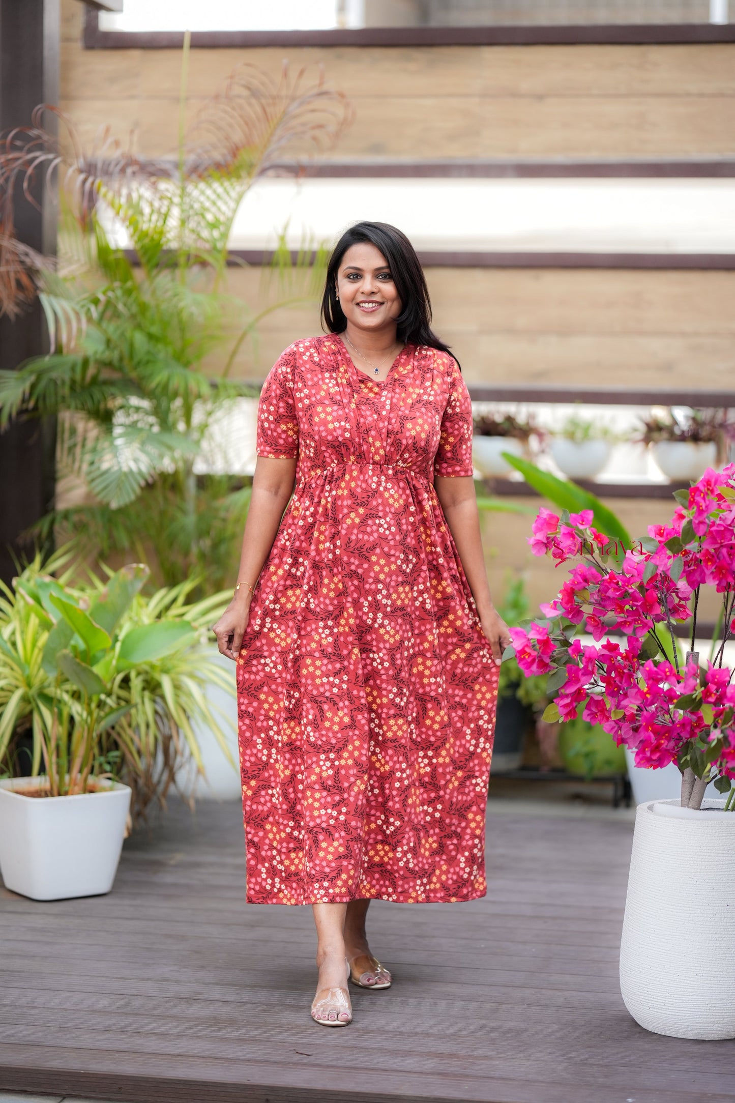 Maxi Rust Orange Light Weight Dress with attached dupptta drape