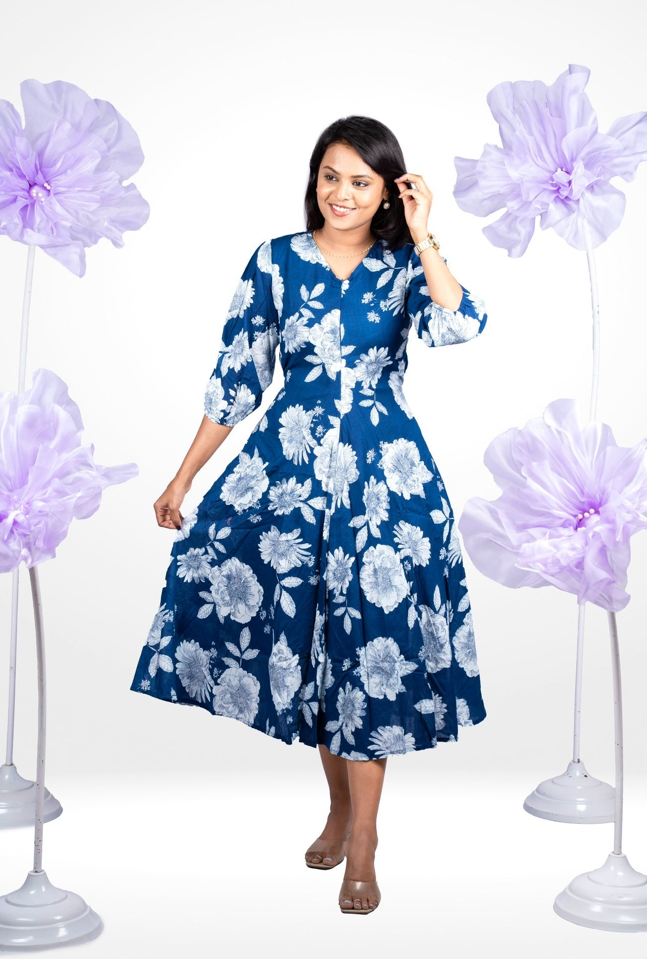 Navy Flower Casual Dress With Lining (SPECIAL SALE PRICE)