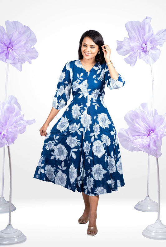 Navy Flower Casual Dress With Lining (SPECIAL SALE PRICE)