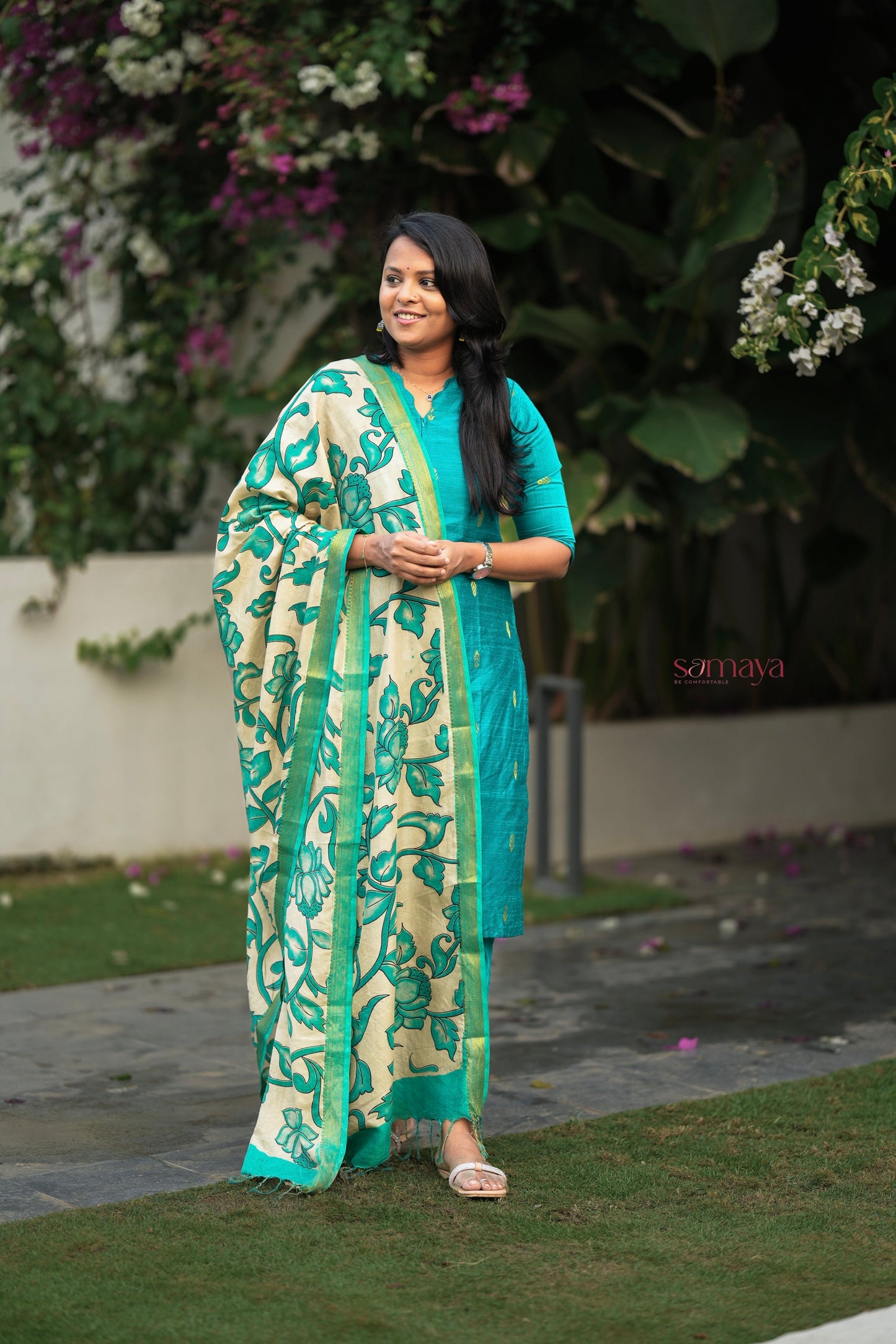 Vaishnavi 3 piece raw silk suit set wth hand painted kalamkari dupptta(ready to dispatch )