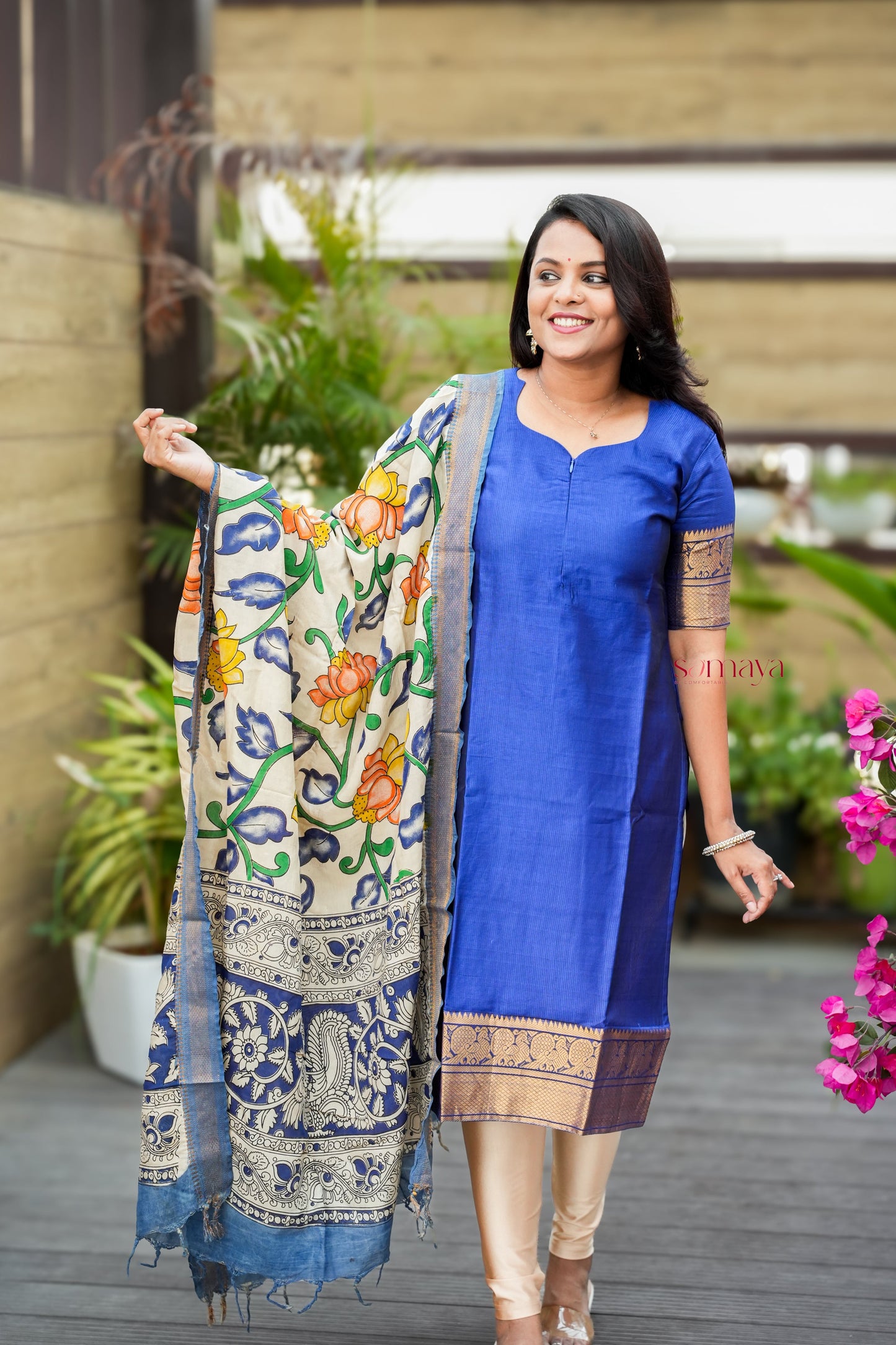 Radhae Mangalgiri Blue Narayanapet silk top with kalamkari hand painted dupptta set of 2 ( ready to dispatch)