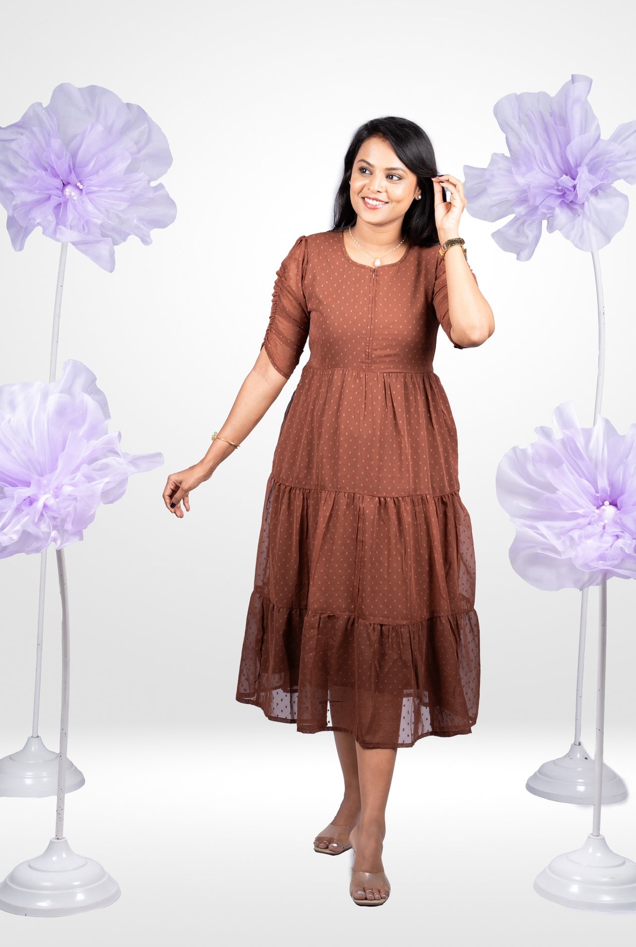 Chocolate georgette casual  Dress With Lining ( No-Iron Everyday Dress)