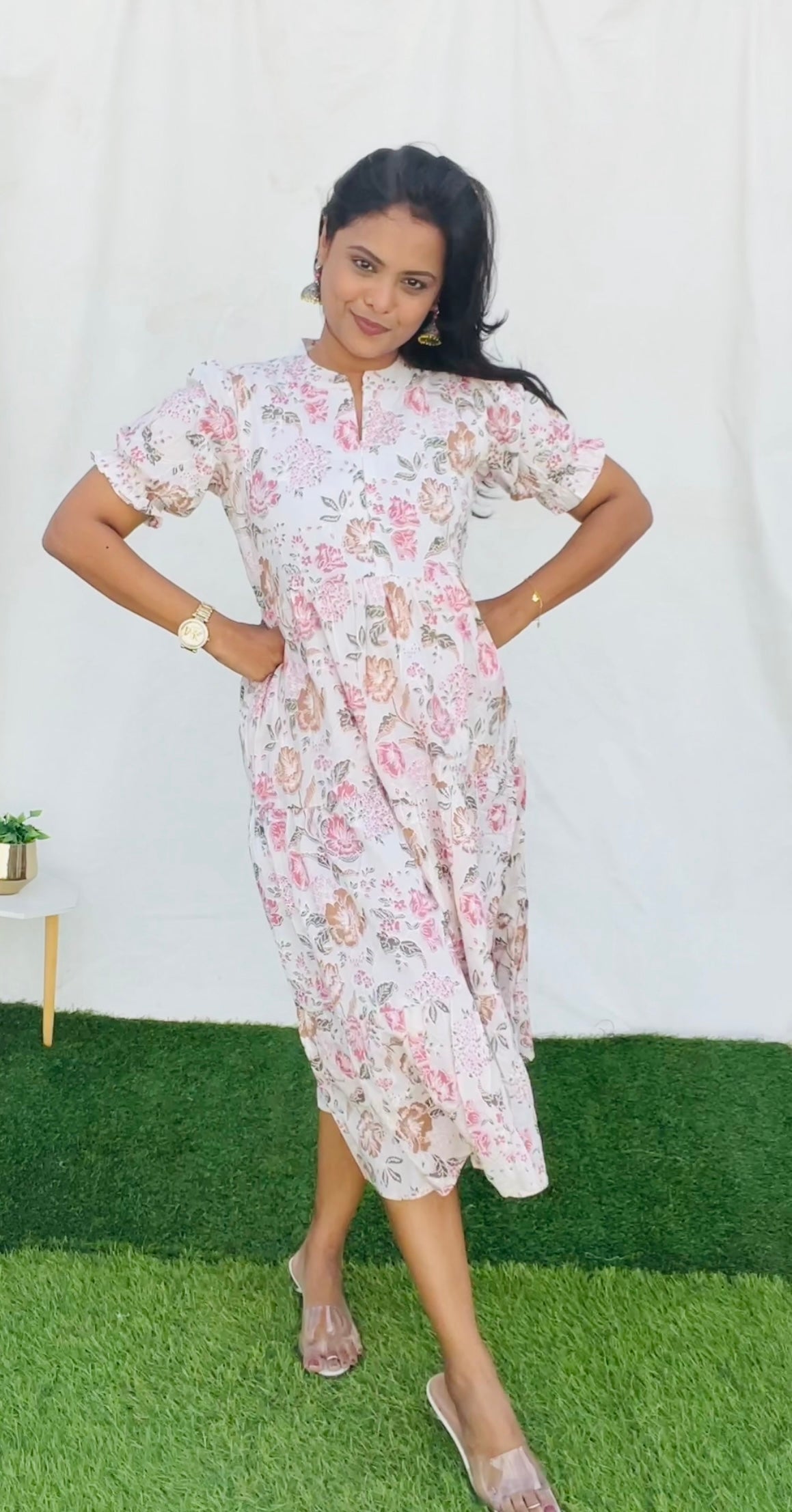 White hand block printed maternity feeding dress with lining