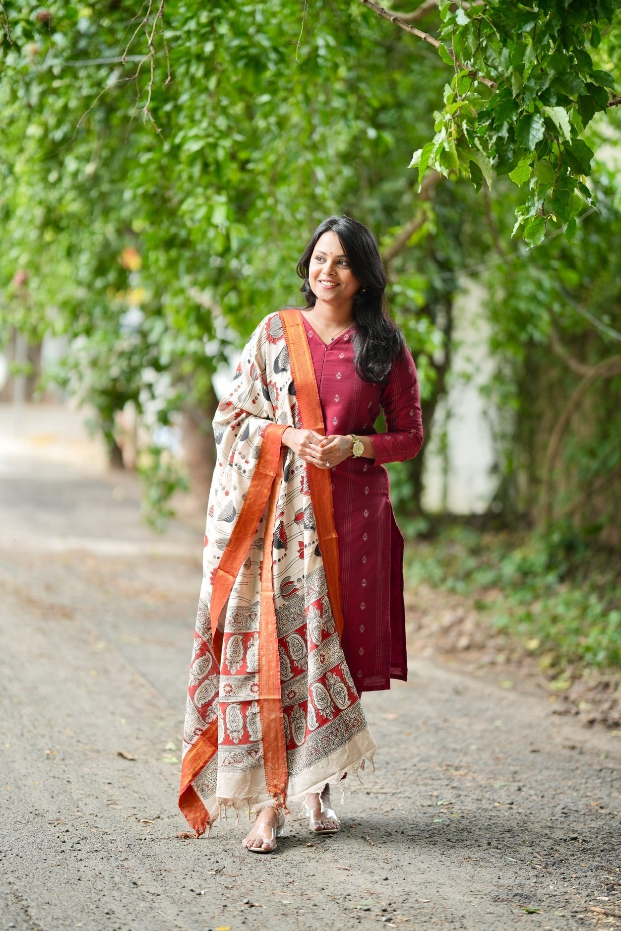 Nithya raw silk Kurta Set with hand painted kalamkari dupptta (ready to dispatch)