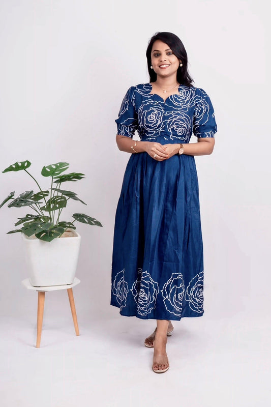 Maxi Flora Blue Dress With Lining (no iron every day dress)