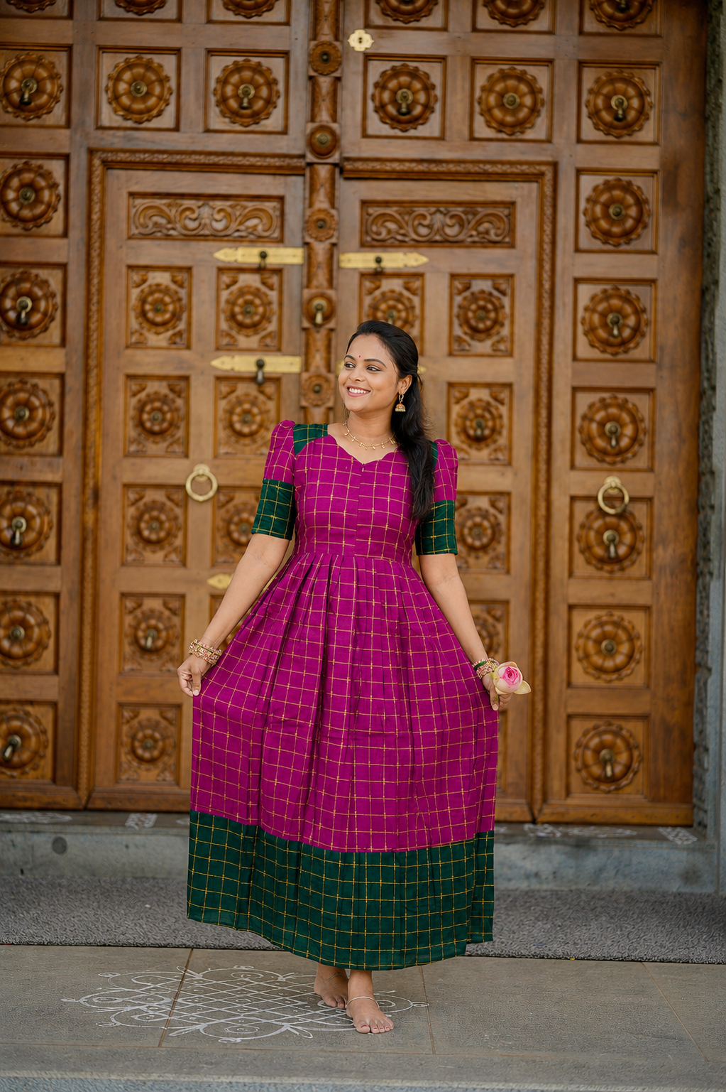 Poongulazi checked maxi Dress With Lining ( ready to dispatch )