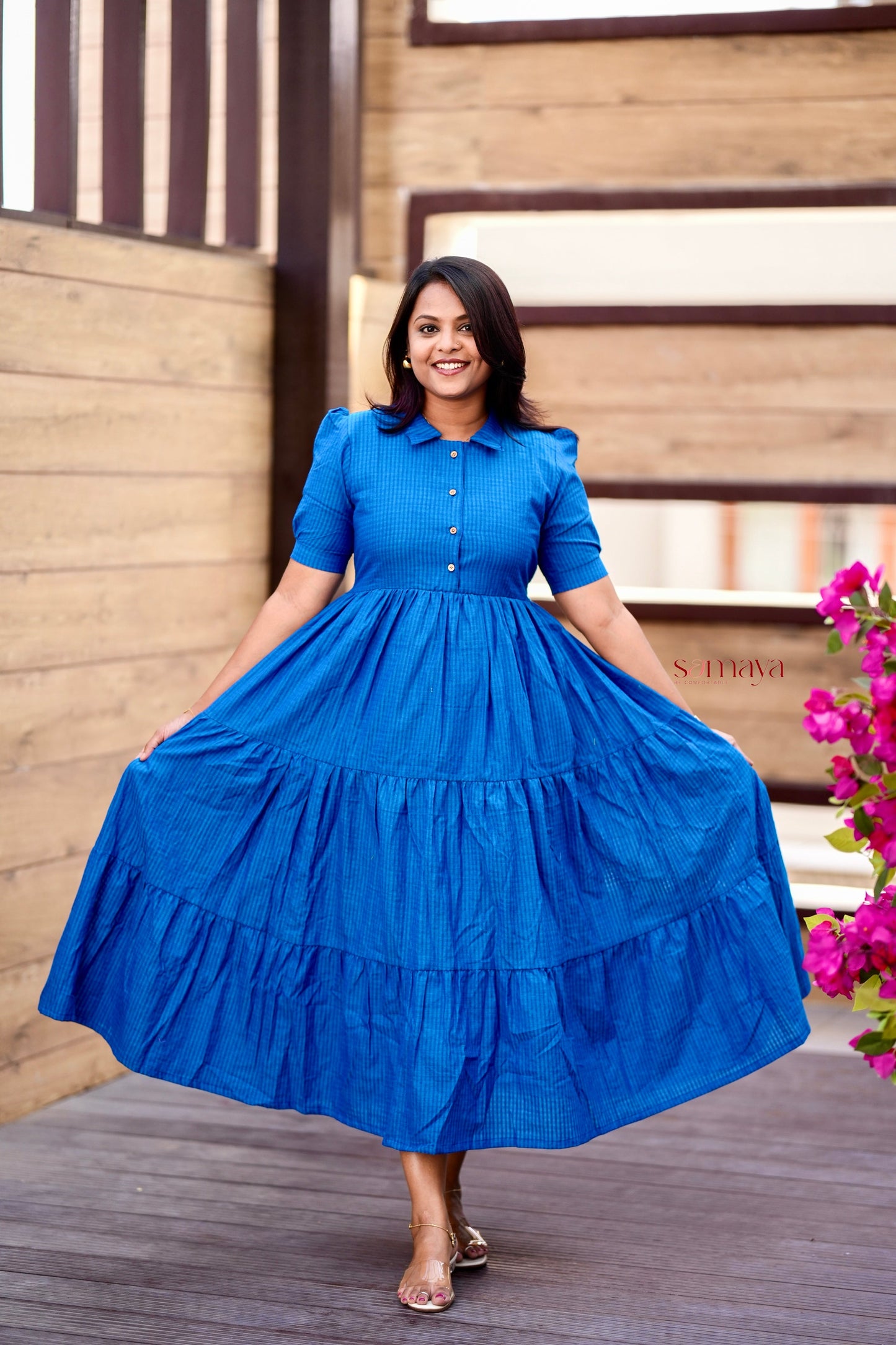 Deepika -blue maxi cotton  Dress With Lining(Ultimate Layered Flare Dress)