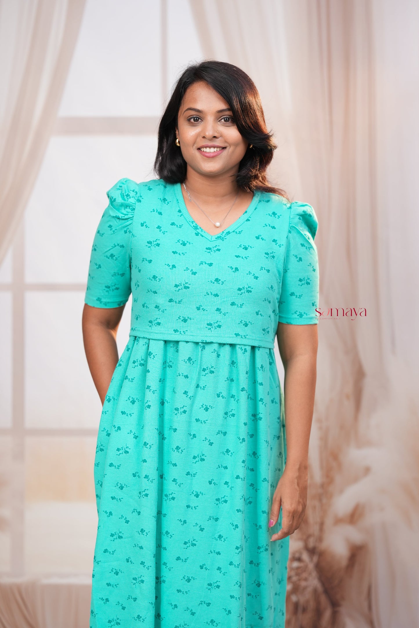 Calf Length Green Waffle Light Weight Dress