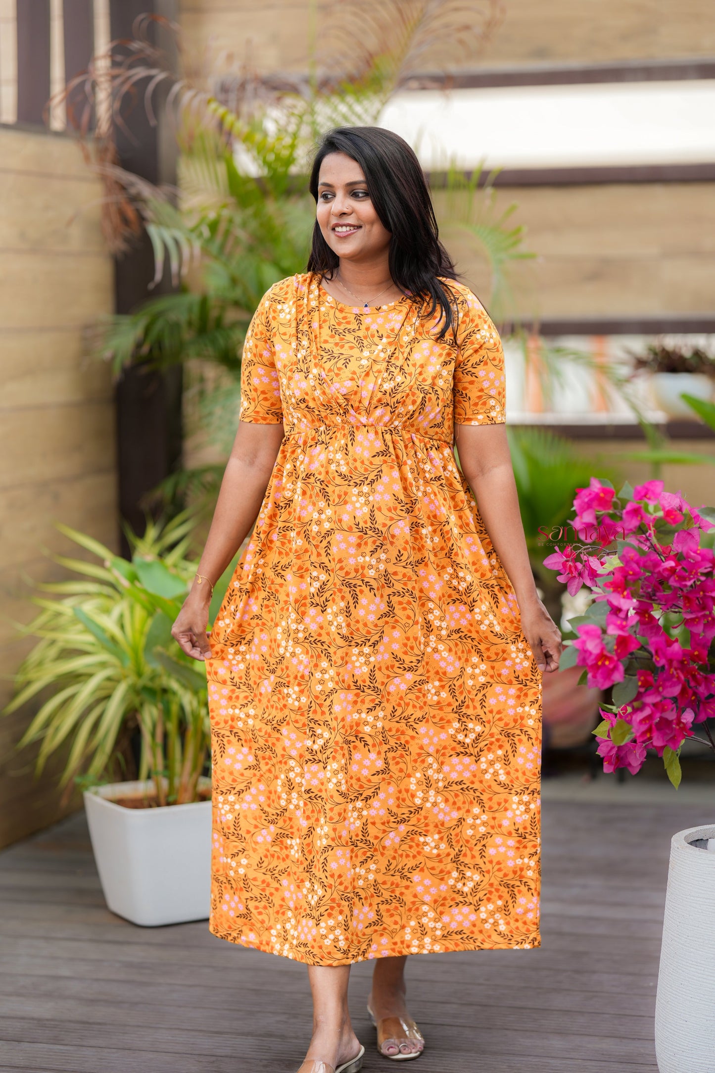 Maxi Mustard Light Weight Dress with attached dupptta drape