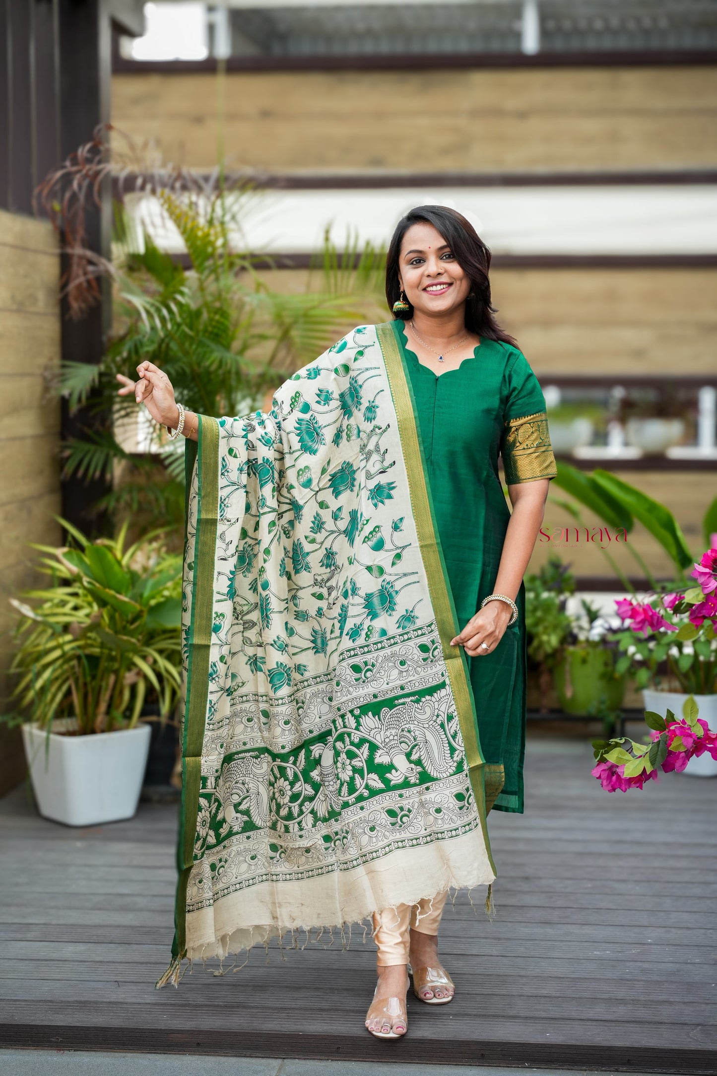 Mangalgiri Green Narayanapet silk top with kalamkari hand painted duppatta set of 2 ( ready to dispatch)
