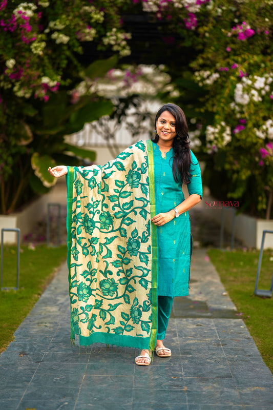Vaishnavi 3 piece raw silk suit set wth hand painted kalamkari dupptta(ready to dispatch )