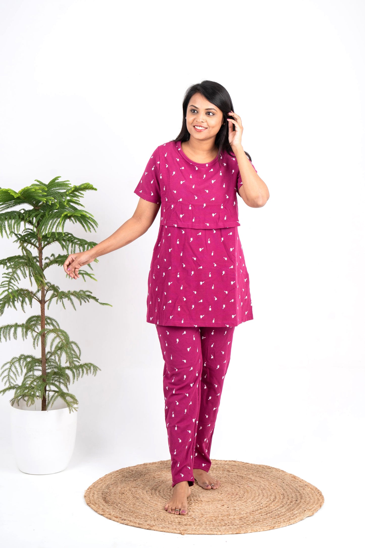 Magenta Waffle Feeding Pant Set( samaya premium fabric ) thick weight