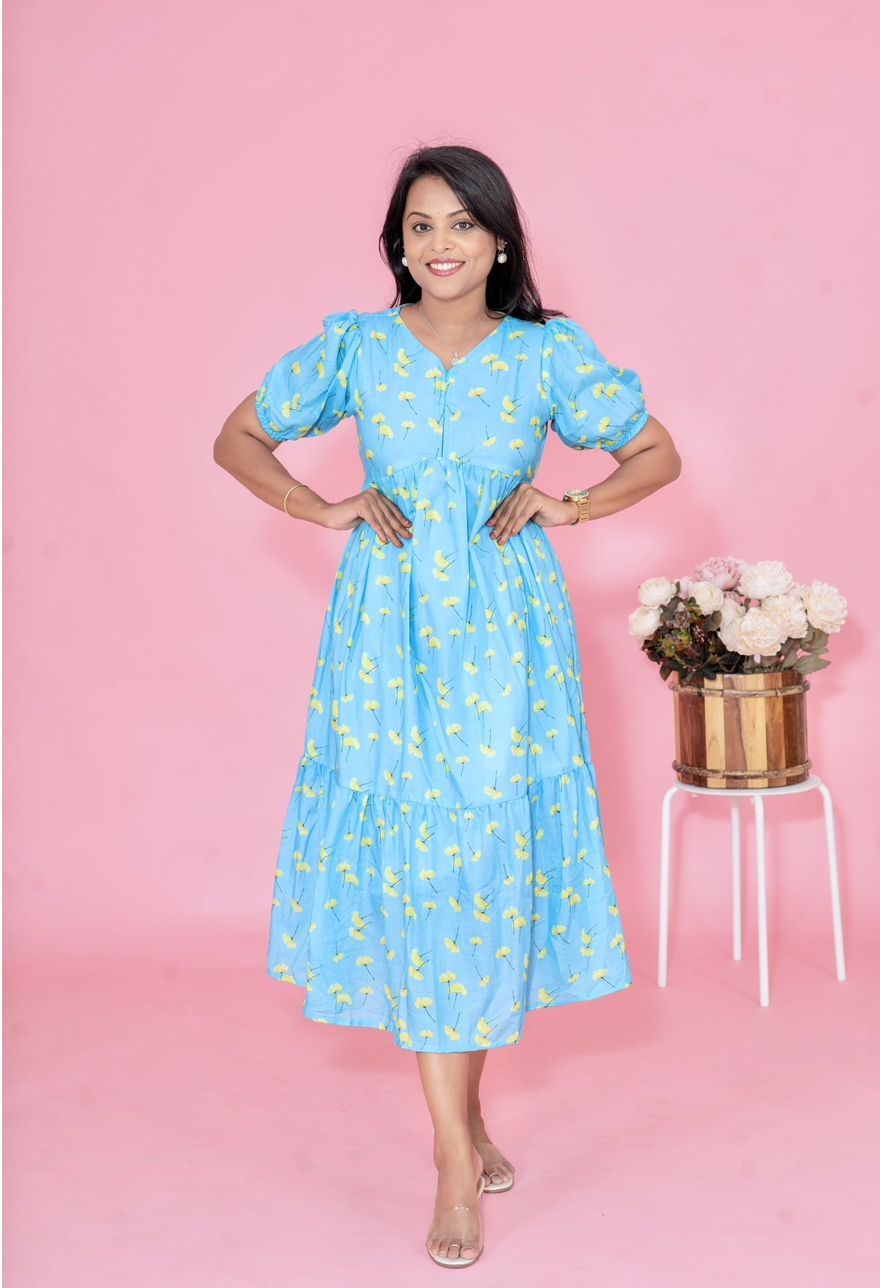 Skyblue Casual  Dress With Lining ( No-Iron Everyday Dress)