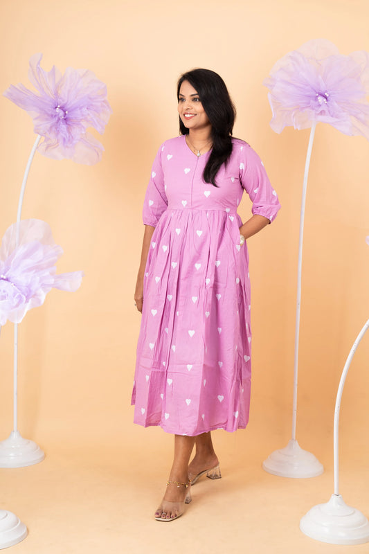 Lavender heart embroidered pure cotton casual  Dress With Lining