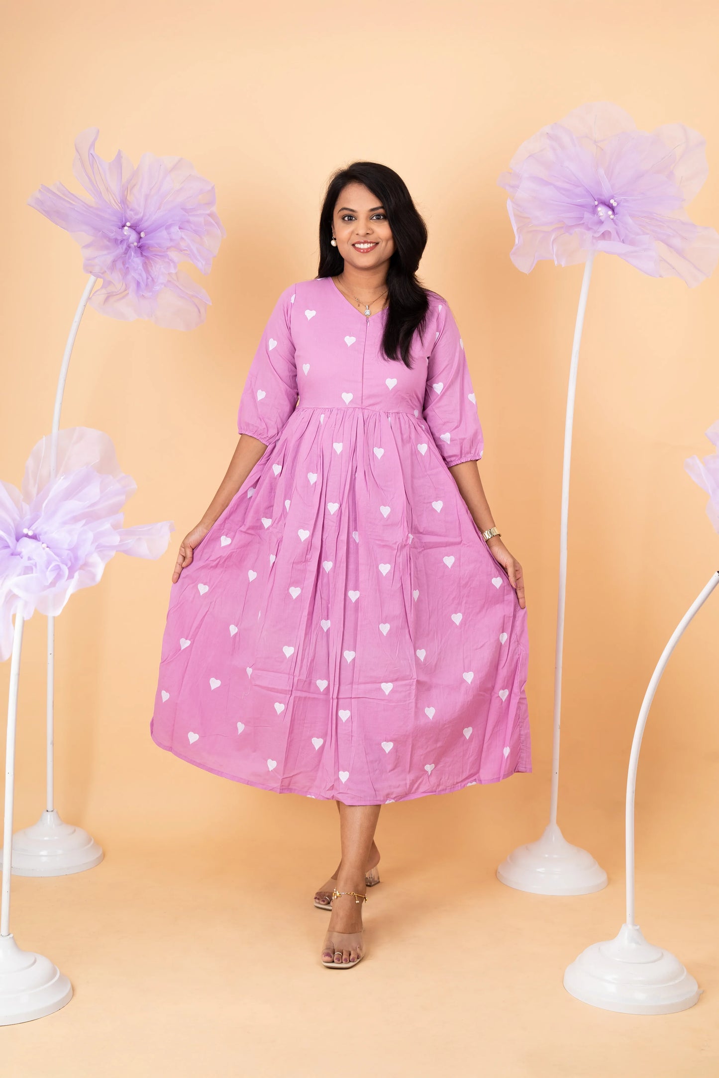 Lavender heart embroidered pure cotton casual  Dress With Lining (minor  stain in the dress so sold at sale price )