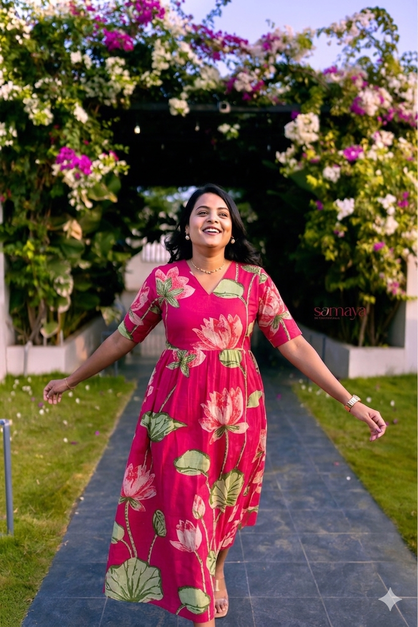 Lotus  cotton  Dress With Lining( front rope -3 layers dress )