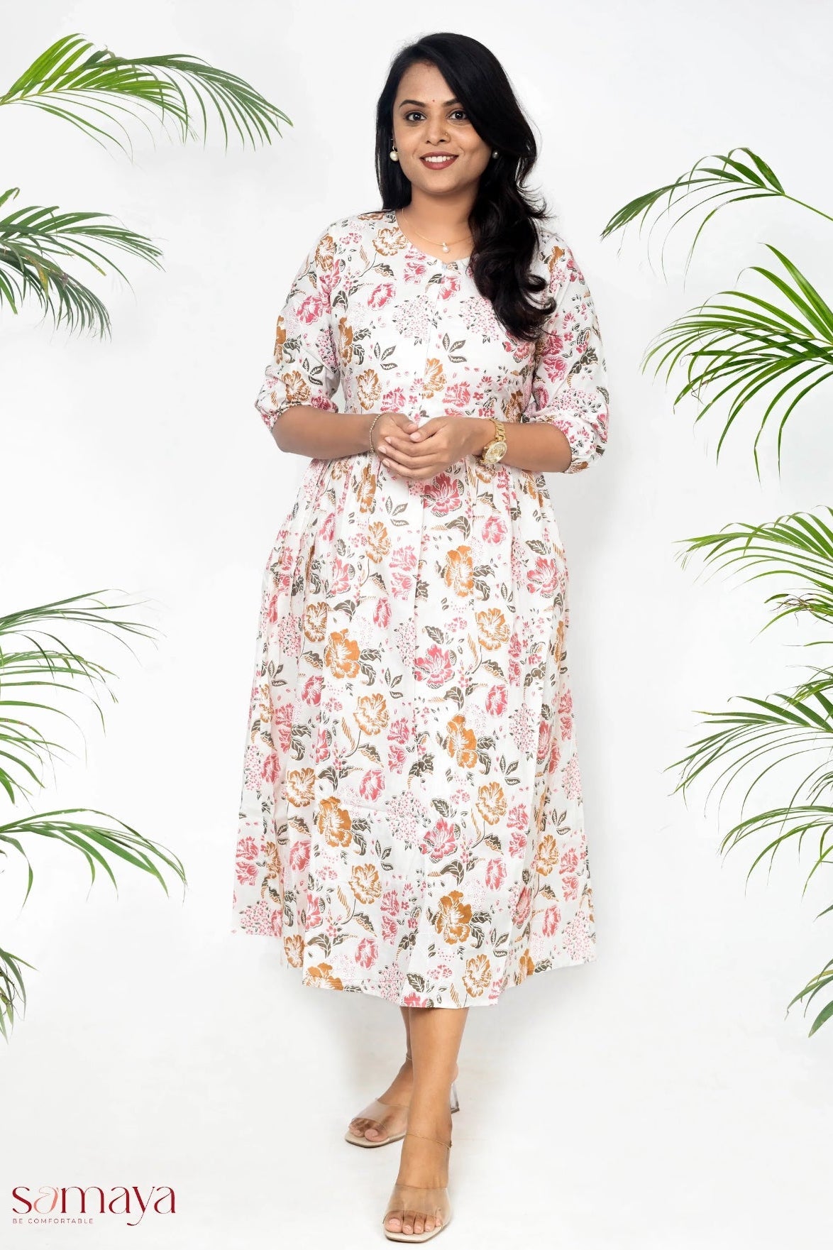 White hand block printed maternity feeding dress with lining