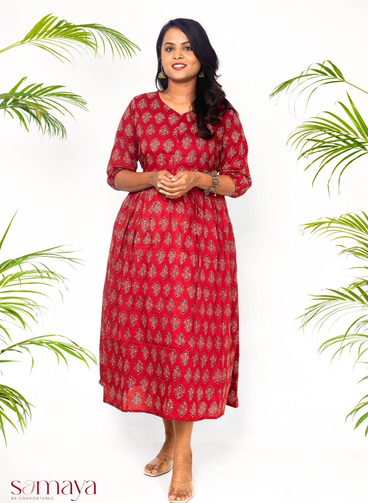 Maroon hand block cotton  dress and full lining
