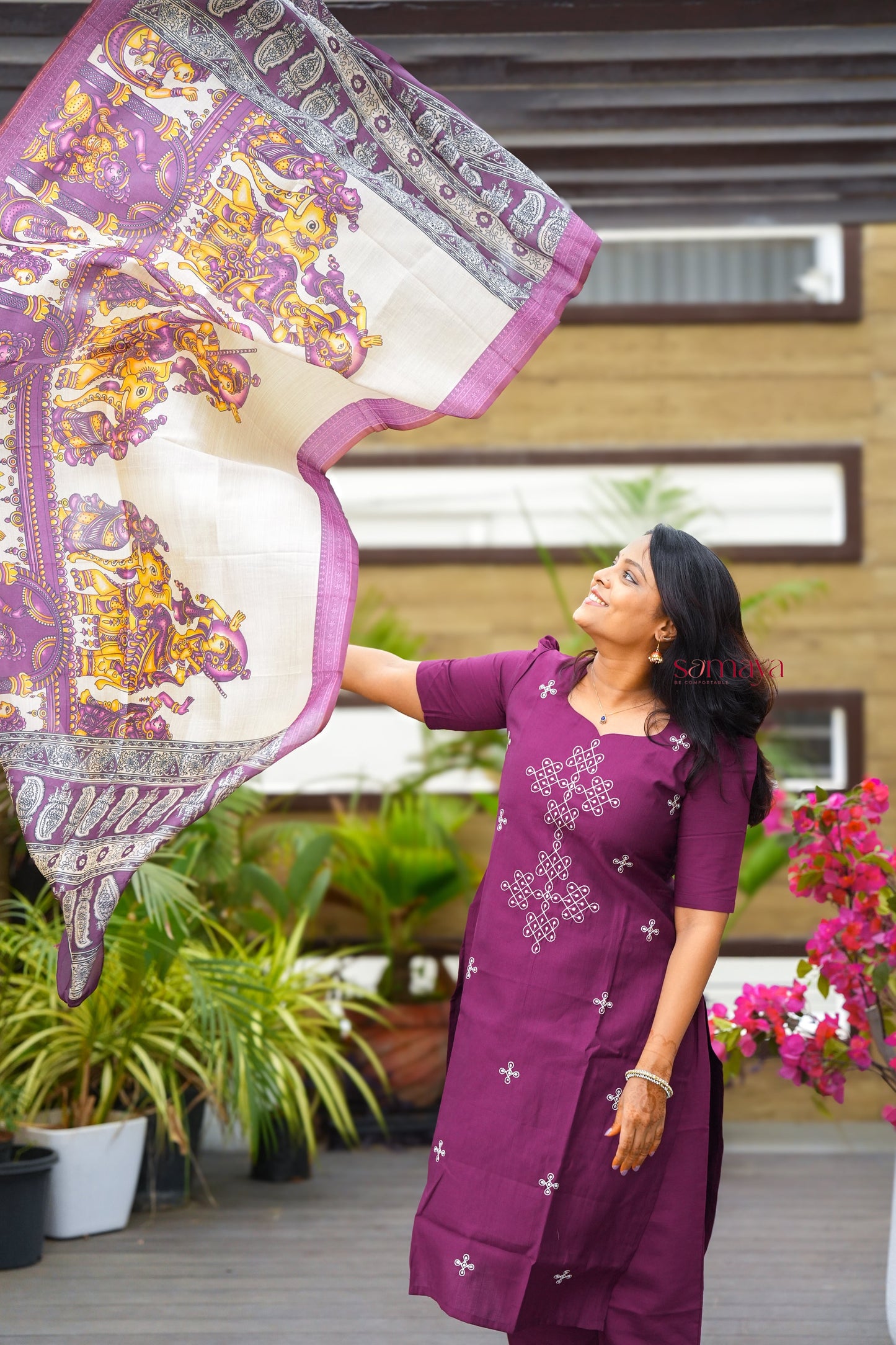 Saanvi -Purple Kolam 3 piece salwar suit set with kalamkari printed dupatta