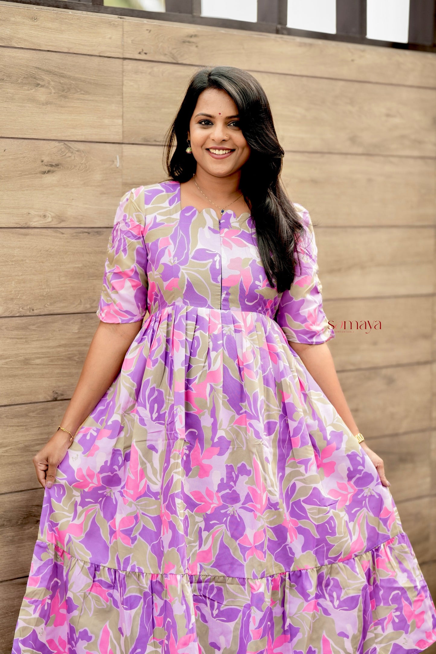 Laya Floral Dress With lining( Wrinkle-Free Cotton Blend Dress)