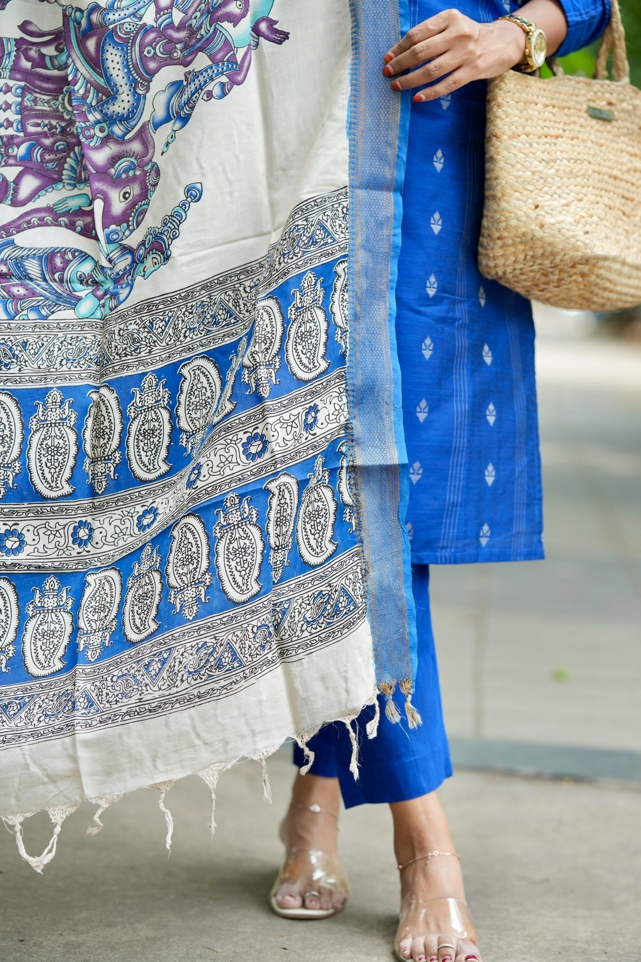Mayilirage  raw silk Kurta Set with hand painted kalamkari dupptta ( ready to dispatch )