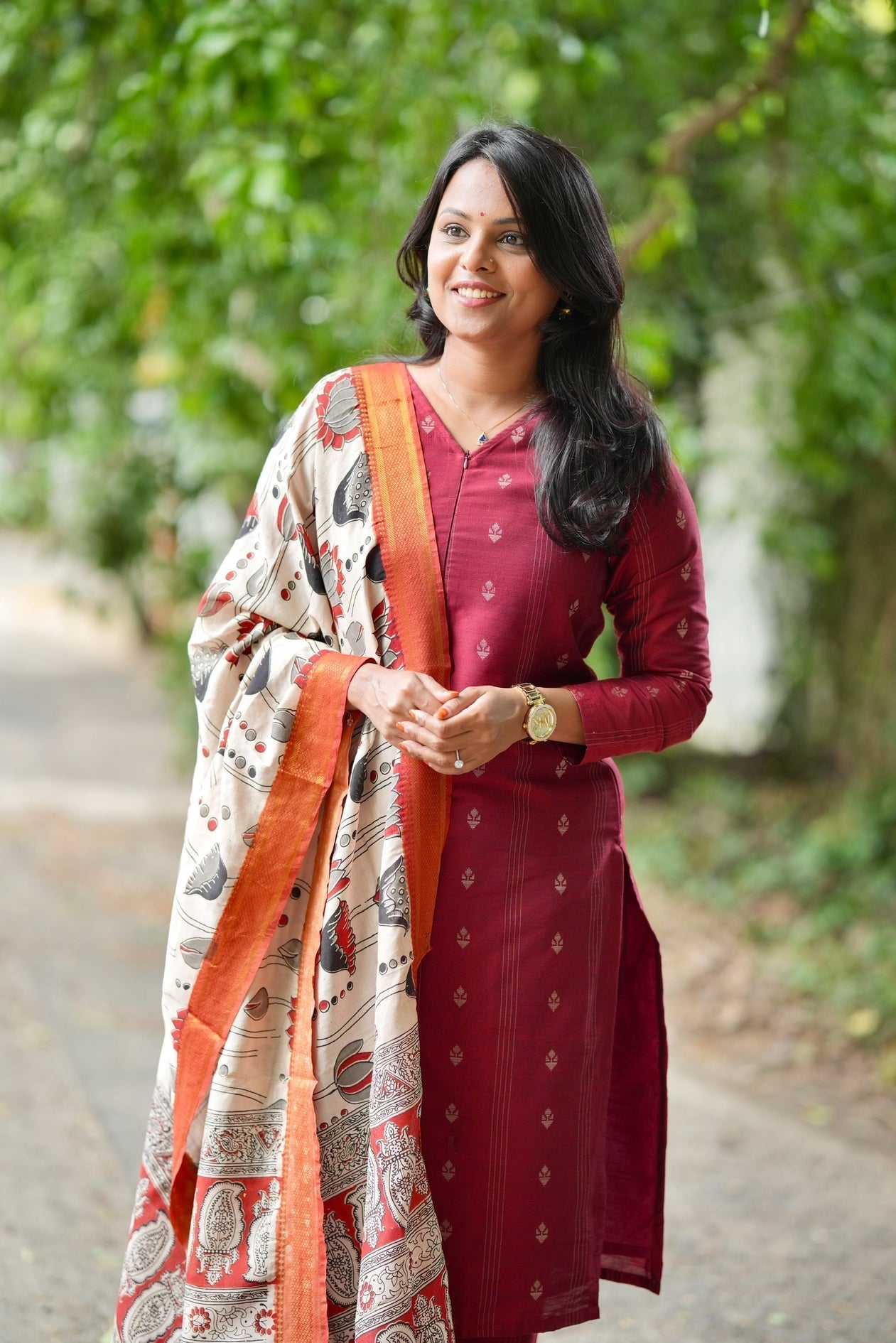 Nithya raw silk Kurta Set with hand painted kalamkari dupptta (ready to dispatch)