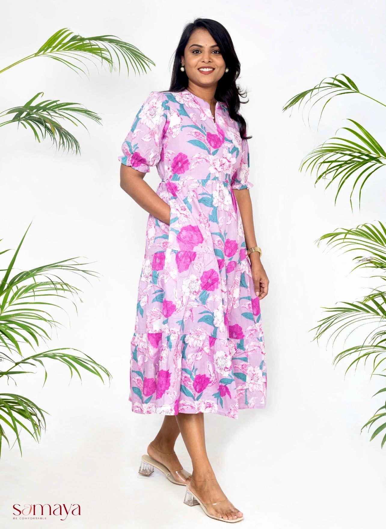 Lavender floral casual  dress with lining