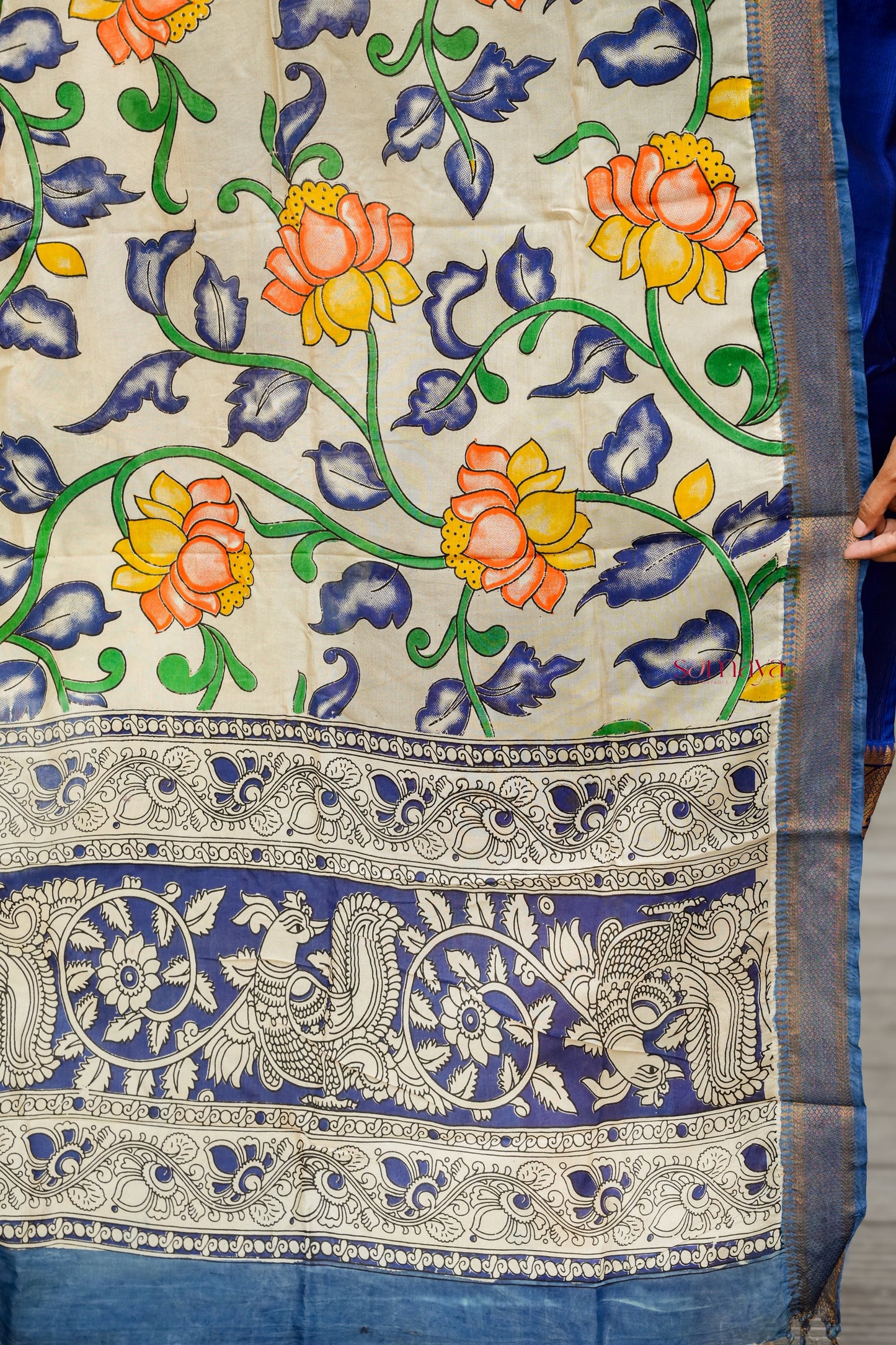 Radhae Mangalgiri Blue Narayanapet silk top with kalamkari hand painted dupptta set of 2 ( ready to dispatch)