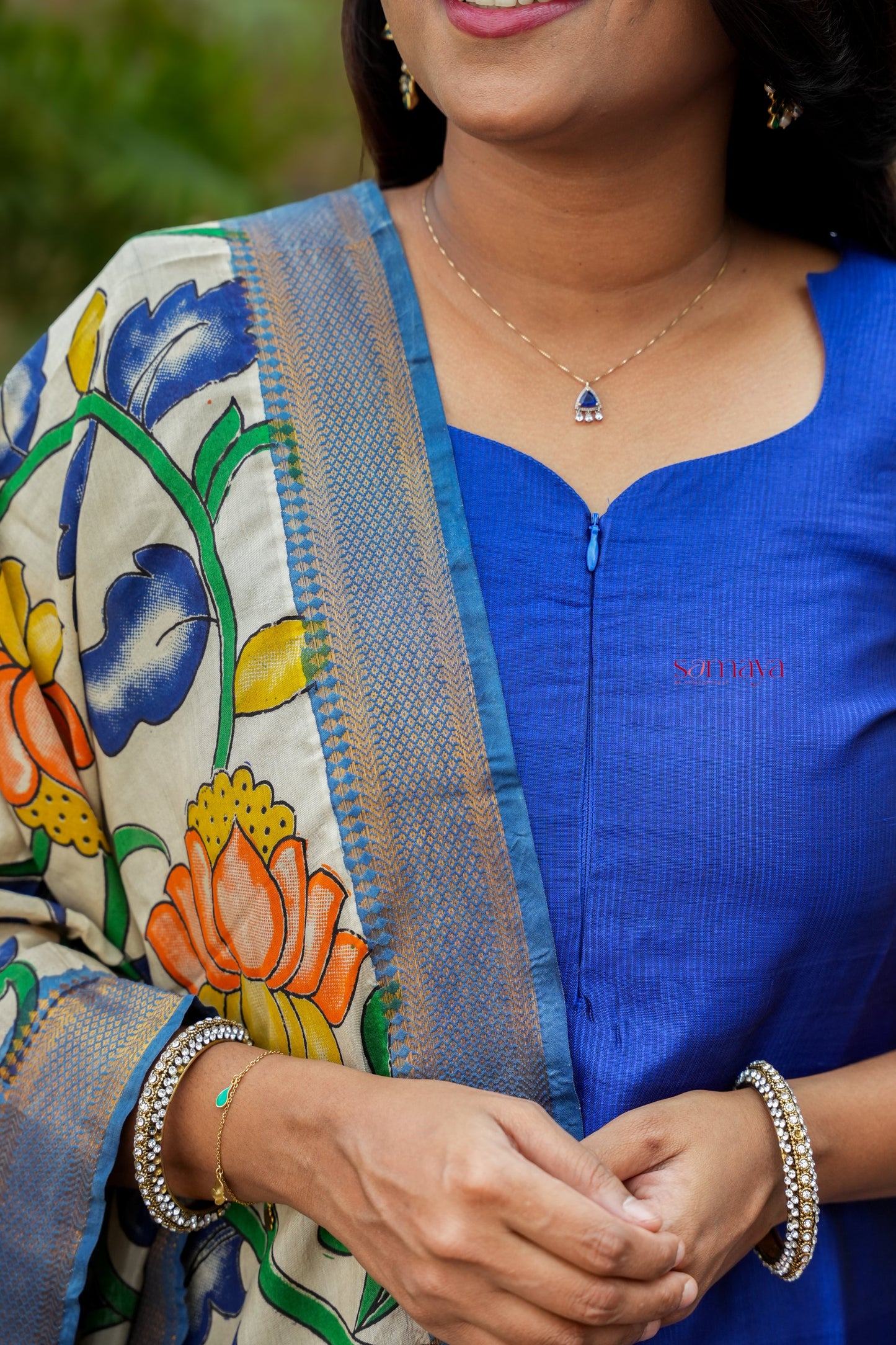 Radhae Mangalgiri Blue Narayanapet silk top with kalamkari hand painted dupptta set of 2 ( ready to dispatch)