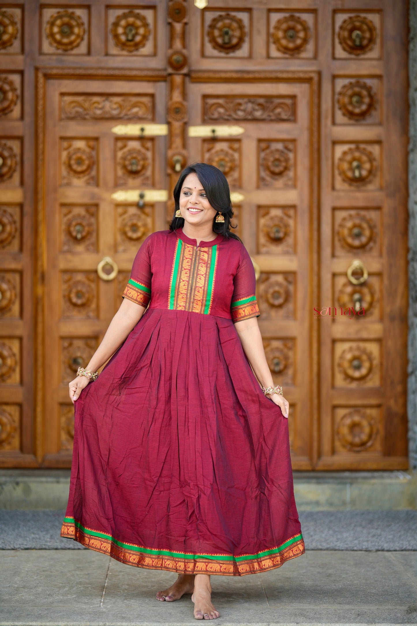 Maroon Narayanapet maxi Dress With Lining ( ready to dispatch)