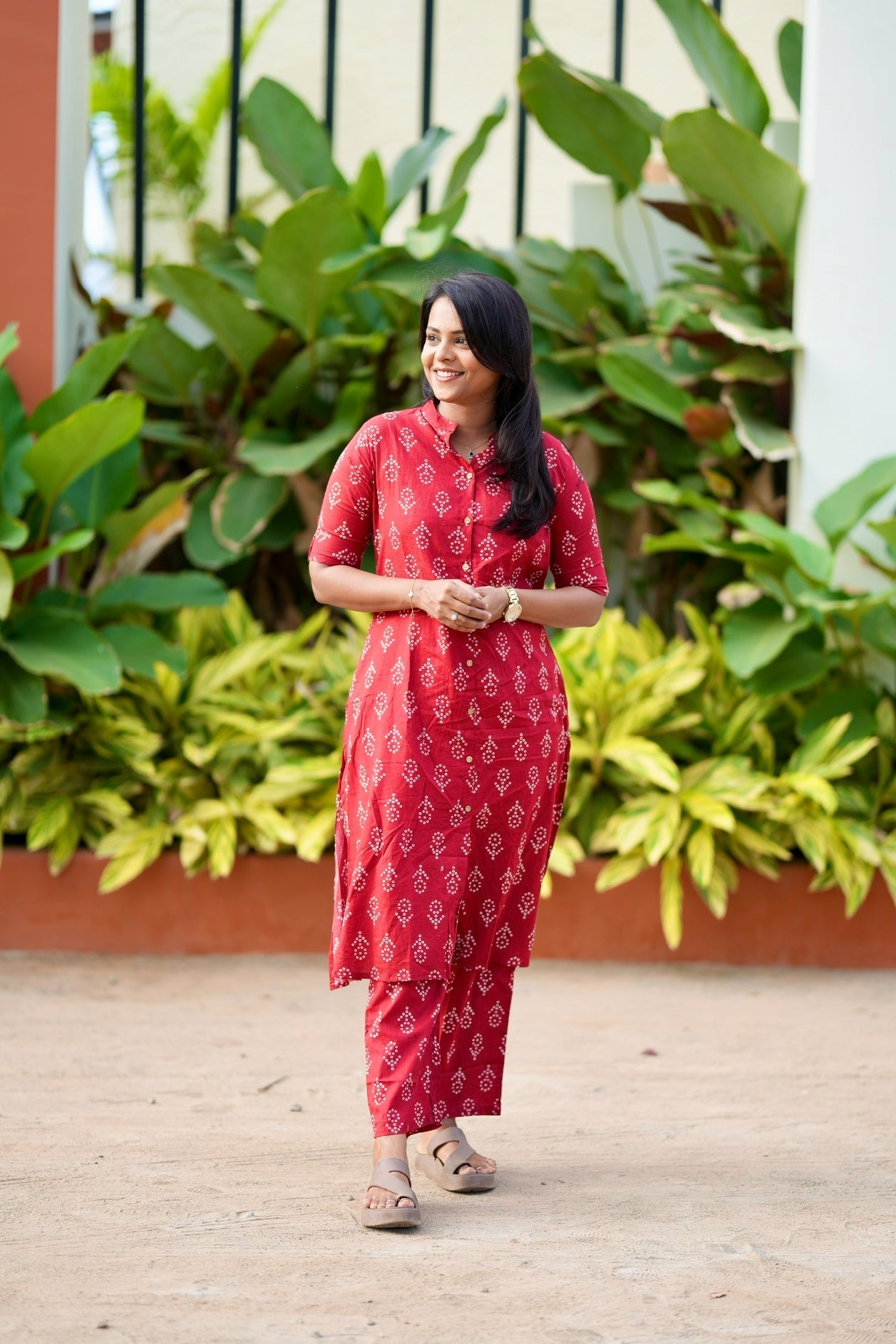 Red cotton  Co-ord set button opening
